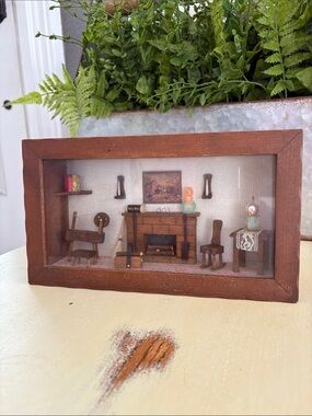 Vintage Wood Shadowbox Diorama Living Room Fireplace Scene 1970s Folk Art